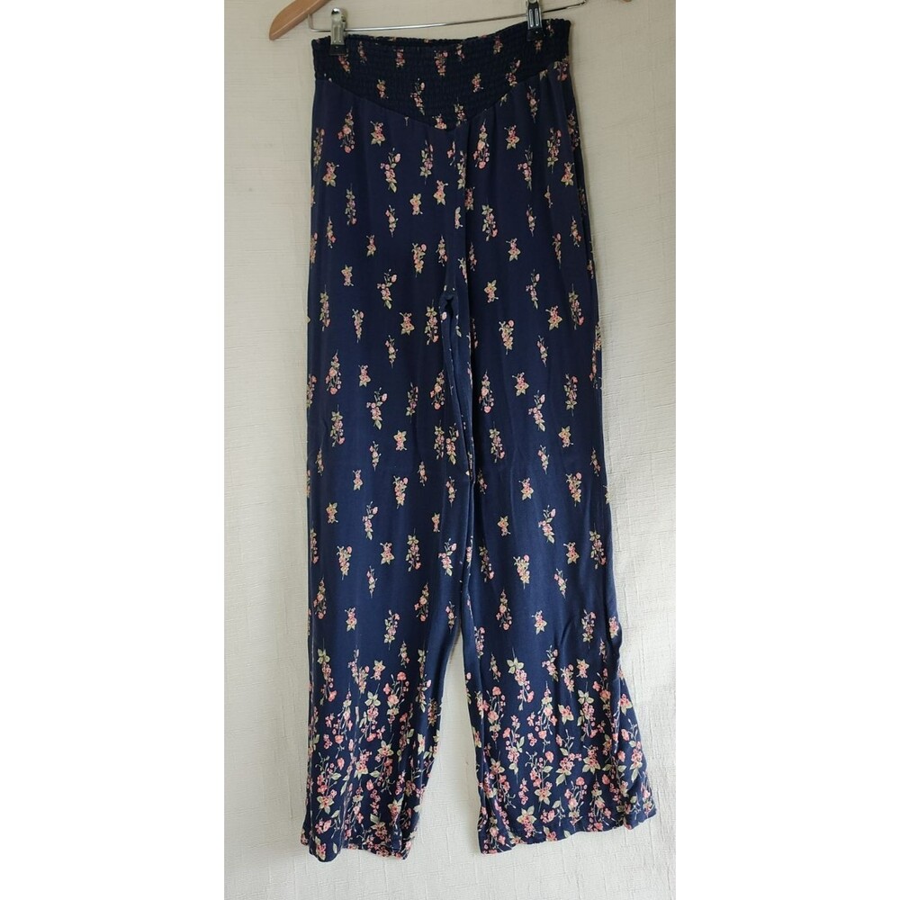Xhilaration Floral Print Loose Fit Wide Leg Pull On Navy Blue Pants, Size Small